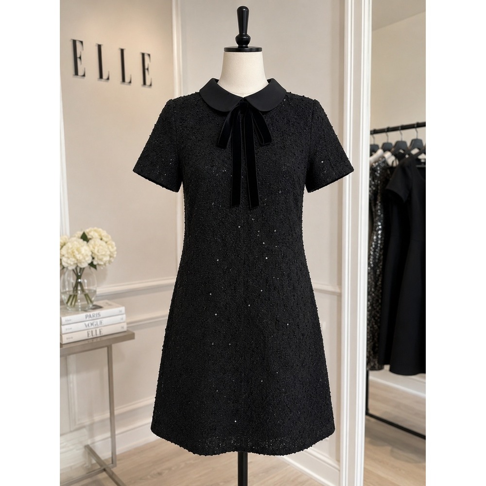 ELLE Black Textured Peter Pan Collar Dress | Velvet Bow Classic Chic Size Small